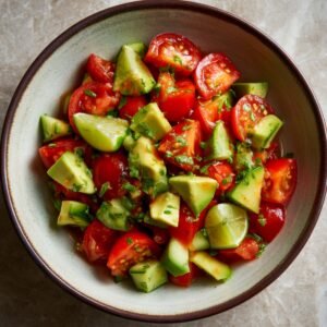 A bowl of salad made with cherry tomatoes, cucumbers, avocado, and cilantro, with lime wedges.
