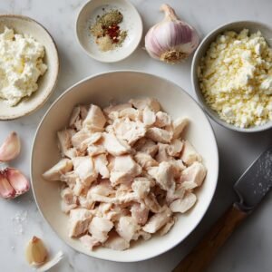 Bowl of cooked diced chicken surrounded by garlic cloves, ricotta cheese, crumbled feta, and spices.