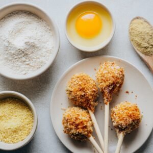 A plate with unbattered chicken lollipops, accompanied by bowls containing flour, breadcrumbs, and an egg, ready for the next step in preparation.