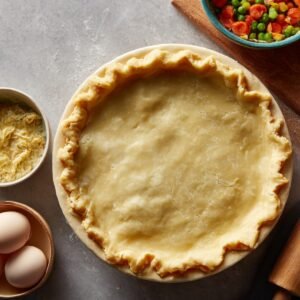 An uncooked pie with the top crust already placed and crimped around the edges in a white pie dish. Nearby are bowls of chopped cooked chicken, mixed vegetables, and two eggs on a gray countertop, ready for assembling the chicken pot pie.