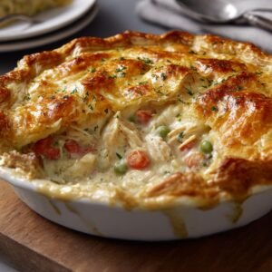 A freshly baked chicken pot pie in a white dish. The golden-brown puff pastry crust is flaky and slightly shiny, sprinkled with chopped parsley. The filling underneath, visible through a cut section, contains chunks of chicken, peas, and carrots in a creamy sauce.
