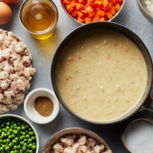 Ingredients for a chicken pot pie arranged on a gray surface: diced cooked chicken, diced carrots, green peas, a creamy sauce in a black bowl, a small bowl of seasoning, and a bowl of salt.