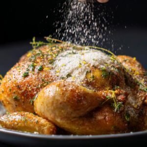 Whole baked Cornish hen recipe topped with salt, herbs, and lemon zest for flavor.