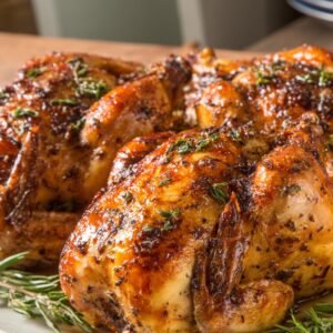 Golden baked Cornish hen recipe with crispy skin, seasoned with fresh thyme and rosemary.