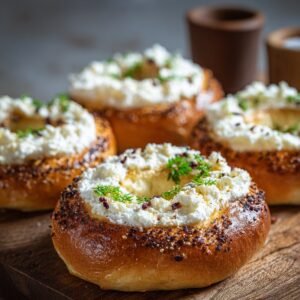 "Freshly baked cottage cheese bagels topped with herbs and seeds, golden brown and fluffy."