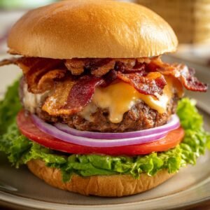 "Juicy bacon cheeseburger with melted cheddar, crispy bacon strips, red onion rings, tomato slices, fresh lettuce, and a toasted brioche bun."