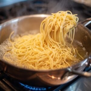 Cooked spaghetti being lifted from boiling water in a stainless steel pan.