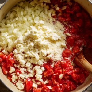 Chopped onions, tomatoes, and a mix of cheeses in a pot, ready to be cooked into a sauce.