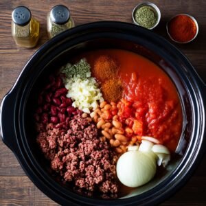 A crockpot filled with ground beef, kidney beans, white beans, diced tomatoes, and chopped onions, along with various spices ready to be added.