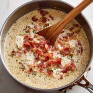 A pot of creamy fish soup with crispy bacon pieces stirred in, with a wooden spoon resting in the pot.