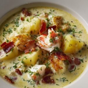A creamy fish chowder with chunks of potato, crispy bacon, and pieces of fish, garnished with fresh dill.