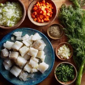A wooden table with prepared fish soup ingredients including diced white fish, chopped carrots, onions, herbs, and seasonings arranged in bowls.