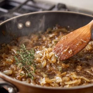 Onions slowly caramelizing in butter with fresh thyme sprigs, stirred with a wooden spoon.