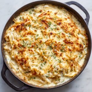 A bubbling skillet of creamy French onion pasta topped with melted golden cheese and sprinkled with fresh herbs.