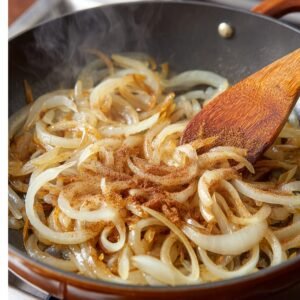 Thinly sliced onions cooking in a skillet with spices and sugar, starting to turn golden.