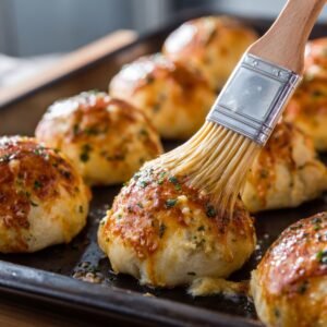 A tray of freshly baked cheeseburger bombs being brushed with garlic butter and herbs, giving them a glossy and flavorful finish.