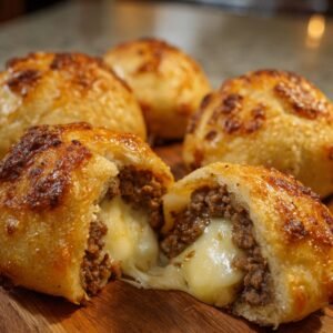Golden-brown cheeseburger bombs with a crispy, cheesy crust, one cut open to reveal seasoned ground beef and gooey melted cheese inside.