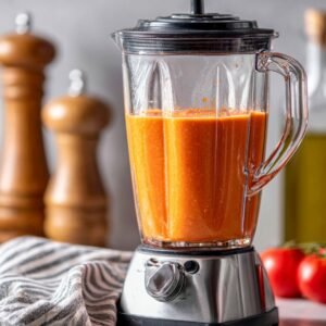 "High-powered blender filled with smooth blended gazpacho mixture, ready to be chilled."