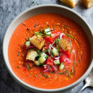 "Traditional Spanish gazpacho served in a bowl, garnished with diced cucumbers, tomatoes, fresh herbs, and crunchy croutons."