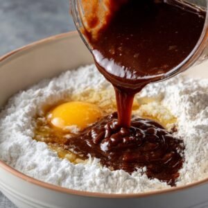 Thick chocolate batter being poured into a bowl of flour, egg, and butter, ready to be mixed for baking.