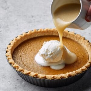 Close-up of a freshly baked pumpkin pie topped with a scoop of vanilla ice cream, as warm caramel sauce is being poured over it.