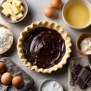 Unbaked chocolate pie with rich, glossy filling in a pie crust, surrounded by raw ingredients like butter, eggs, flour, and chocolate.