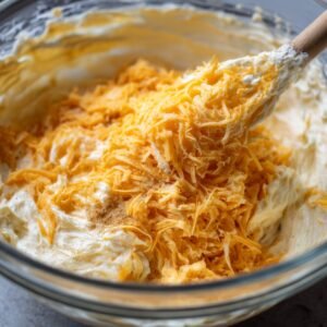 A mixing bowl with a creamy cheese filling being stirred, containing shredded cheddar cheese folded into the mixture.