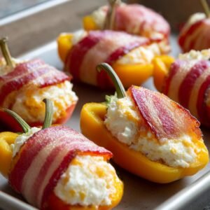 Mini bell peppers halved and stuffed with cream cheese filling, wrapped in strips of raw bacon, arranged on a baking tray ready to cook.