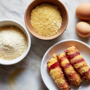 Ingredients on a marble surface, including two bowls of breadcrumbs, three brown eggs, and a small plate of bacon-wrapped jalapeños coated in breadcrumbs.