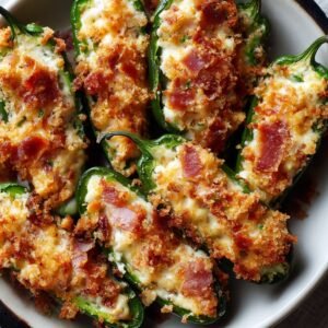 A plate of baked jalapeño poppers, halved and stuffed with a creamy cheese filling, topped with crispy golden breadcrumbs and bits of bacon.