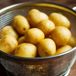 Small golden potatoes in a metal colander, freshly washed and ready to be cooked.
