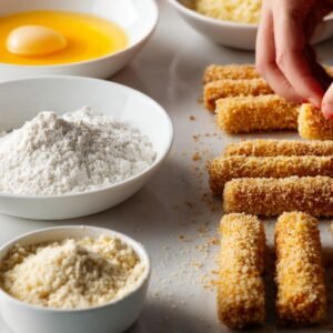 Hand breading mozzarella sticks with a coating station setup, including bowls of flour, eggs, and breadcrumbs on a kitchen counter.
