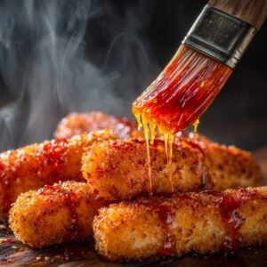 A close-up of crispy, golden mozzarella sticks being brushed with a thick, glossy layer of spicy Nashville hot sauce, with steam rising, indicating they're freshly cooked.