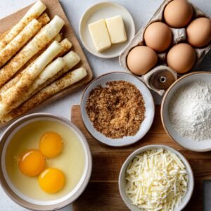 A top-down view of ingredients laid out for making mozzarella sticks, including cheese sticks, shredded cheese, flour, breadcrumbs, butter, and eggs.