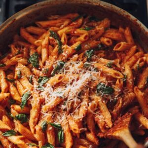A pan filled with penne pasta tossed in a rich tomato-based sauce with fresh basil leaves, topped with grated Parmesan cheese.