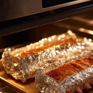 Foil-wrapped pork ribs placed on a baking sheet inside an oven during the slow-cooking process.