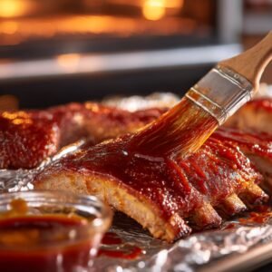 Cooked ribs being brushed with a thick layer of glossy barbecue sauce using a pastry brush, oven glowing in the background.