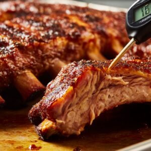 Juicy pork ribs with a meat thermometer inserted, showing temperature, while a toothpick checks tenderness as meat pulls back from the bones.