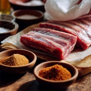 Raw pork ribs on parchment paper with a paper towel used to pat dry, surrounded by bowls of dry rub spices.