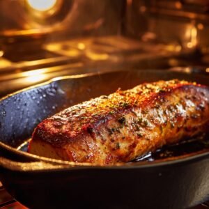 Pork tenderloin roasting in a cast iron pan inside an oven, seasoned with herbs and spices, with light glistening from the juices.