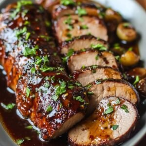 Sliced roasted pork tenderloin covered in a glossy sauce, garnished with fresh chopped herbs, and served with roasted vegetables.
