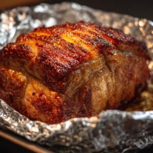 Juicy roasted pork shoulder with a crispy browned crust, sitting on foil-lined tray.