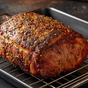 Seasoned roasted pork shoulder with a pepper and spice crust, placed on a wire rack over a roasting pan.