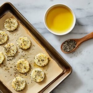 A baking tray lined with parchment paper holding round crackers coated with olive oil, parmesan, and dried herbs, next to a bowl of olive oil and a wooden spoon of seasoning.
