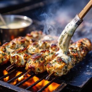 Chicken skewers being grilled over open flames while being brushed with creamy ranch garlic parmesan sauce, with a metal bowl of sauce in the background.