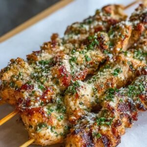 Close-up of grilled Ranch Garlic Parmesan chicken skewers topped with melted parmesan cheese and finely chopped parsley, served on parchment paper.