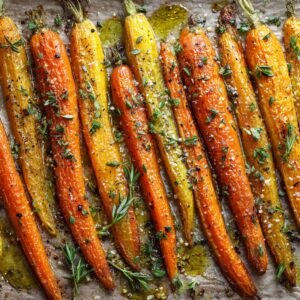 Colorful roasted orange and yellow carrots drizzled with olive oil, seasoned with fresh herbs, coarse salt, and cracked pepper on parchment paper.