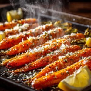 Hot roasted carrots on a baking sheet, sprinkled with parmesan cheese and herbs, steam rising with lemon wedges on the side.