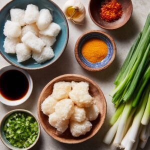 Various ingredients for Tteokbokki are displayed on a surface: small blocks of rice cakes, chopped green onions, garlic, chili powder, soy sauce, and a bowl of broth. The ingredients are neatly arranged in bowls, preparing for cooking.