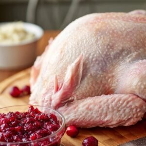 A raw, whole turkey placed on a wooden board next to a bowl of cranberry sauce and some fresh cranberries.